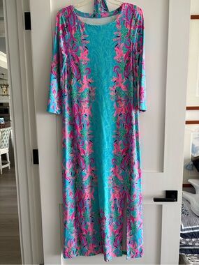 Lilly Pulitzer Turquoise & Hot Pink Floral Maxi Dress with belt